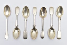 A PARCEL OF SILVER TEASPOONS, to include five early Victorian fiddle pattern teaspoons, each plain