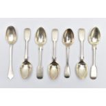 A PARCEL OF SILVER TEASPOONS, to include five early Victorian fiddle pattern teaspoons, each plain