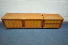 A G PLAN TEAK LOW FOUR DOOR SIDEBOARD, length 153cm x depth 50cm x height 56cm, and a matching two