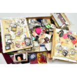 A BOX OF MISCELLANEOUS ITEMS, to include costume brooches, earrings, pendant necklaces, bracelets,