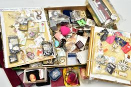 A BOX OF MISCELLANEOUS ITEMS, to include costume brooches, earrings, pendant necklaces, bracelets,