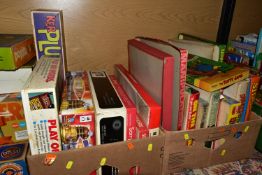 THREE BOXES OF VINTAGE GAMES AND A BONTEMPI ORGAN, to include several boxed jigsaws, boxed board