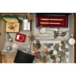 A BOX OF ASSORTED ITEMS, to include two whisky hip flasks, two letter openers, a boxed ‘Francis