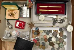 A BOX OF ASSORTED ITEMS, to include two whisky hip flasks, two letter openers, a boxed ‘Francis