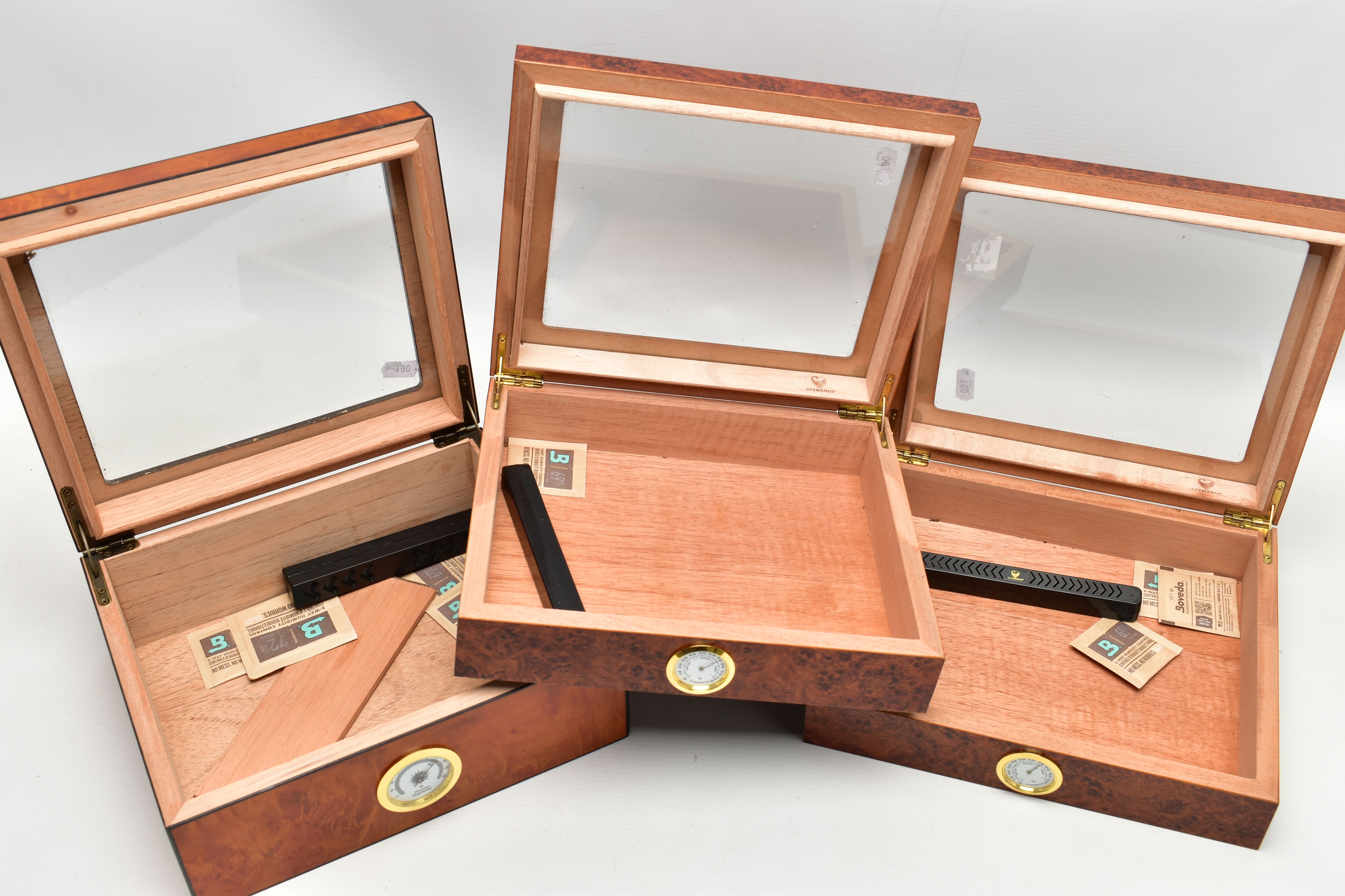 THREE 'GERMANUS' AMBOYNA CIGAR HUMIDOR BOXES, two shallow wooden boxes with an open top glass panel, - Image 3 of 4