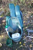 THREE CAMPING CHAIRS in original bags, two green plastic chairs, wheeled plastic garden tub,