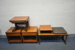 FOUR MID CENTURY TEAK OCCASIONAL FURNITURE, to include a pair of single drawer bedside cabinets, a