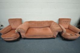 AN EDWARDIAN THREE PIECE LOUNGE SUITE, comprising a chesterfield style drop end three seater sofa,