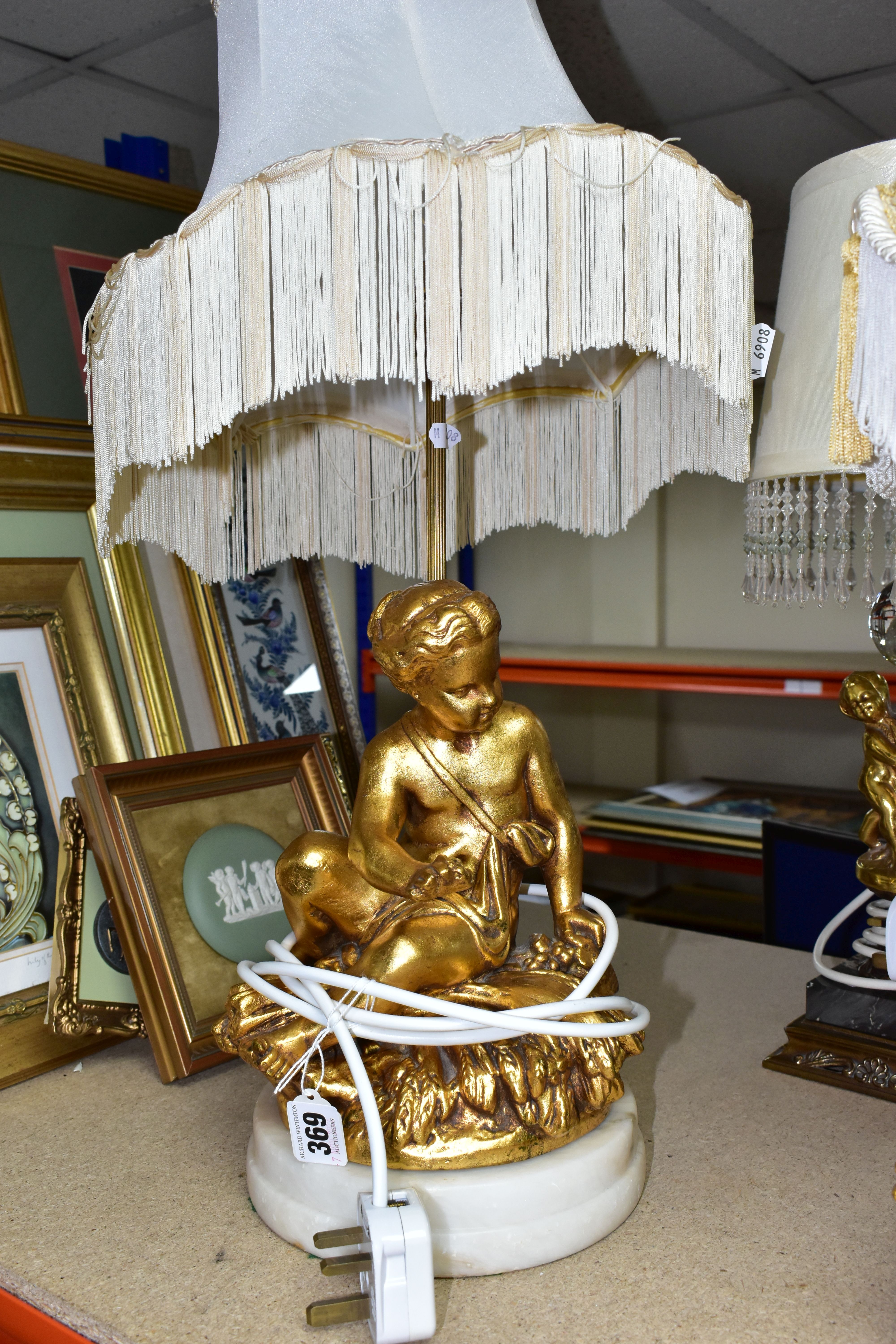A GROUP OF LAMPS AND GILT FRAMED PRINTS, comprising a small figural standard lamp with cherubs - Image 4 of 11