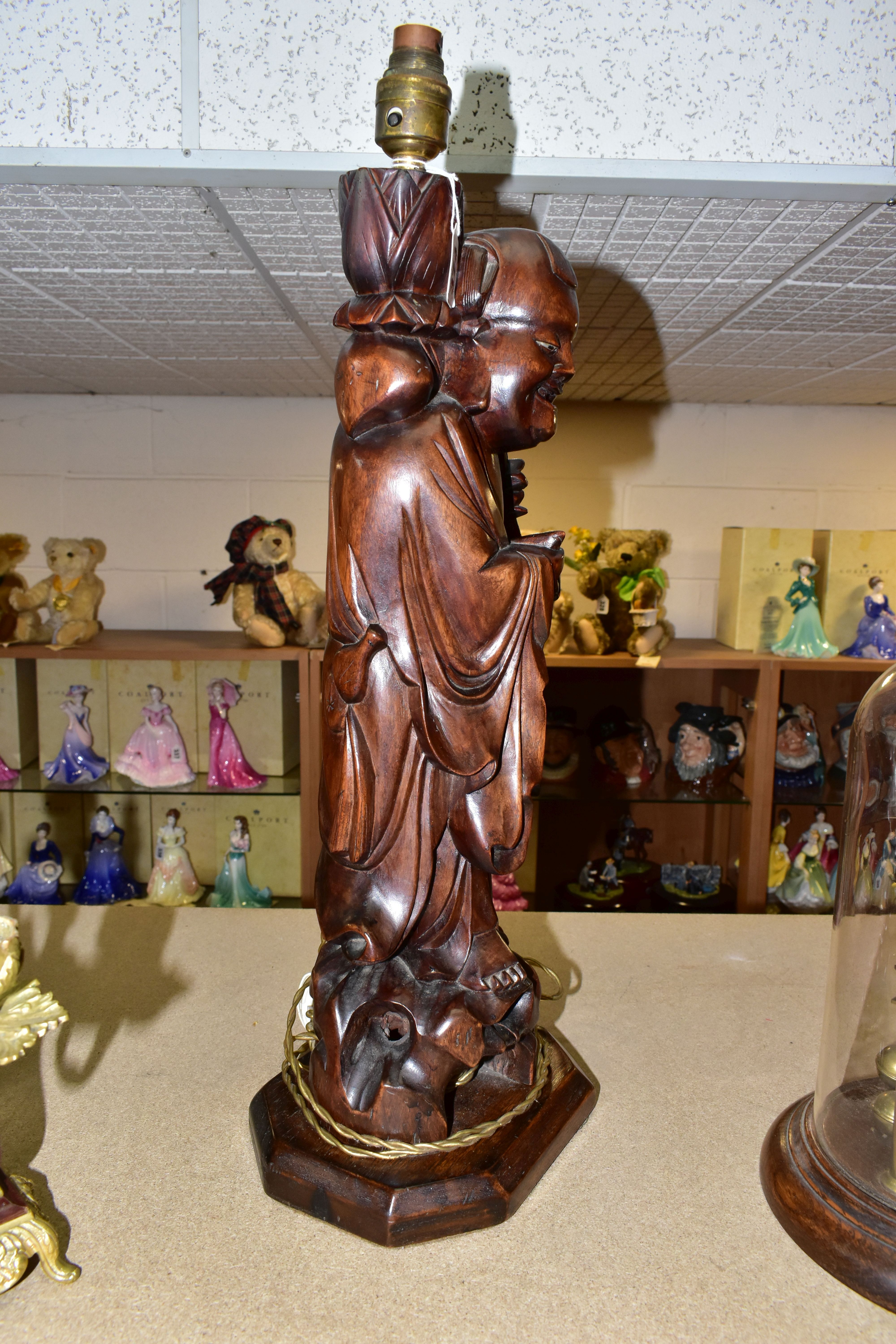 A LARGE WOODEN FIGURAL TABLE LAMP, a hand carved figure of Chinese Shou Lao (god of Longevity), - Image 5 of 5