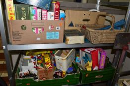 FOUR BOXES AND LOOSE VINTAGE TOYS AND GAMES ETC, to include a Great Western Railway jigsaw puzzle,