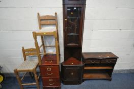 A SELECTION OF OCCASIONAL FURNITURE, to include a slim mahogany corner cupboard, a mahogany