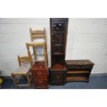 A SELECTION OF OCCASIONAL FURNITURE, to include a slim mahogany corner cupboard, a mahogany