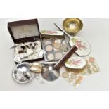 A THREE PIECE SILVER VANITY SET AND OTHER ITEMS, the vanity set comprising of a hair brush, mirror