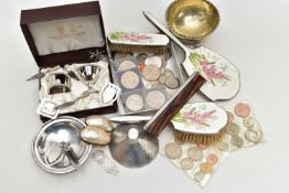 A THREE PIECE SILVER VANITY SET AND OTHER ITEMS, the vanity set comprising of a hair brush, mirror