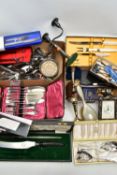 A BOX OF ASSORTED WHITE METAL WARE, to include a silver plated 'Arthur Price of England' mantle