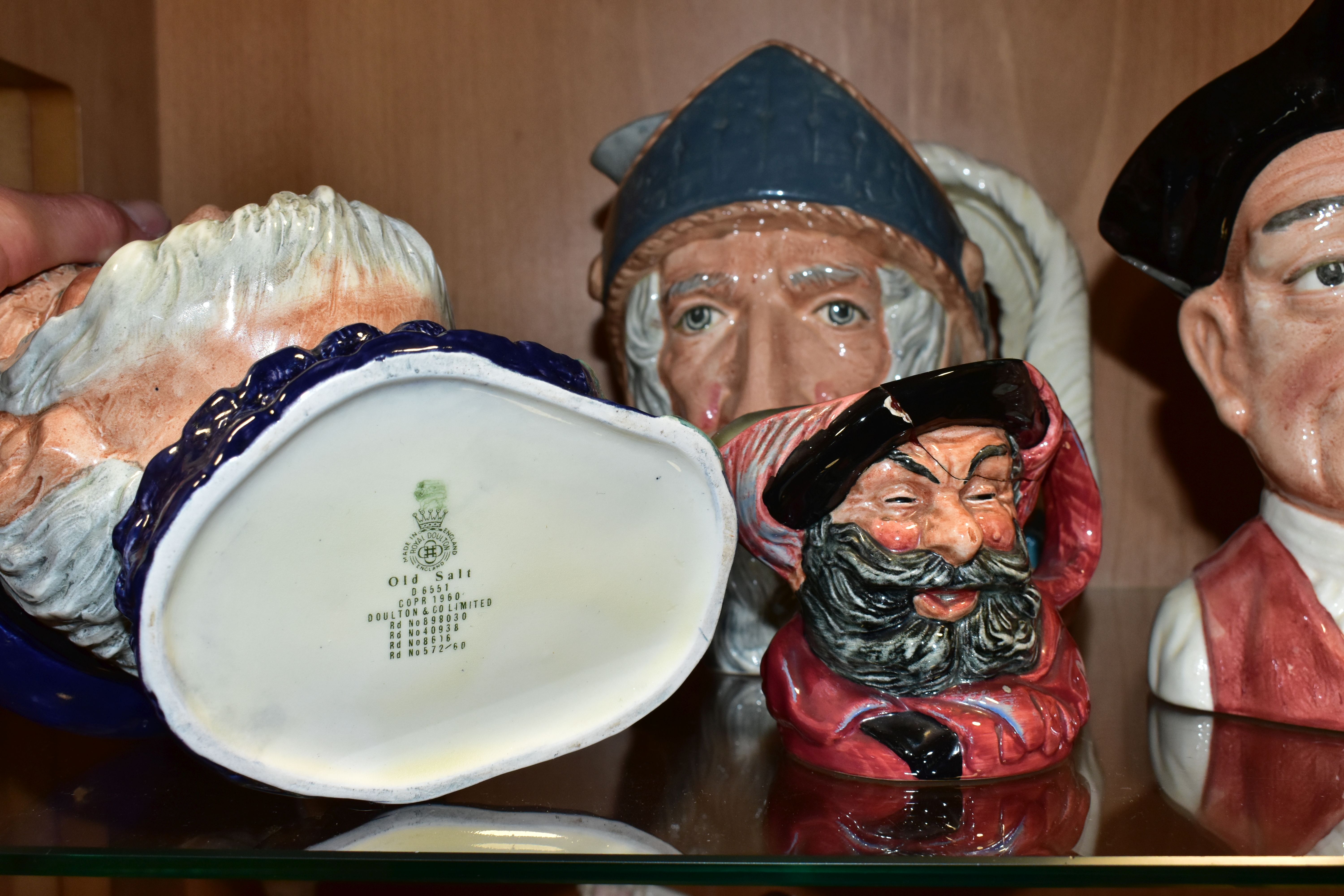 SIX ROYAL DOULTON CHARACTER JUGS, five large jugs: Old Salt D6551, Don Quixote D6455 (crack to - Image 6 of 7