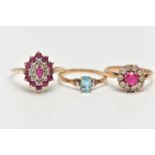 THREE GEM SET RINGS, the first designed as a tiered marquise shape cluster set with rubies and