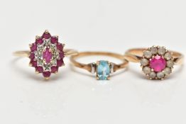 THREE GEM SET RINGS, the first designed as a tiered marquise shape cluster set with rubies and