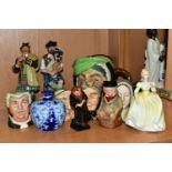 A GROUP OF ROYAL DOULTON FIGURES, CHARACTER JUGS AND A JAMES MACINTYRE FLORIAN WARE MINIATURE