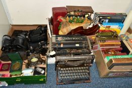 TWO BOXES AND LOOSE SUNDRY ITEMS ETC, to include an Underwood manual typewriter, Ross 7x42