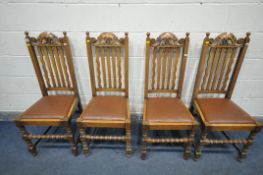 A SET OF FOUR OAK DINING CHAIRS, with scrolled top rails