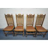 A SET OF FOUR OAK DINING CHAIRS, with scrolled top rails