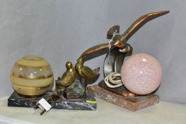 TWO FRENCH ART DECO TABLE LAMPS, one with pink speckled glass spherical shade and copper-finished