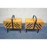 TWO BEECH CANTILEVER SEWING BOXES, one with sewing accessories (condition:-loose lid and water