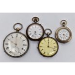 FOUR OPEN FACE POCKET WATCHES, the first a key wound movement, Roman numerals, subsidiary second