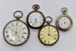 FOUR OPEN FACE POCKET WATCHES, the first a key wound movement, Roman numerals, subsidiary second