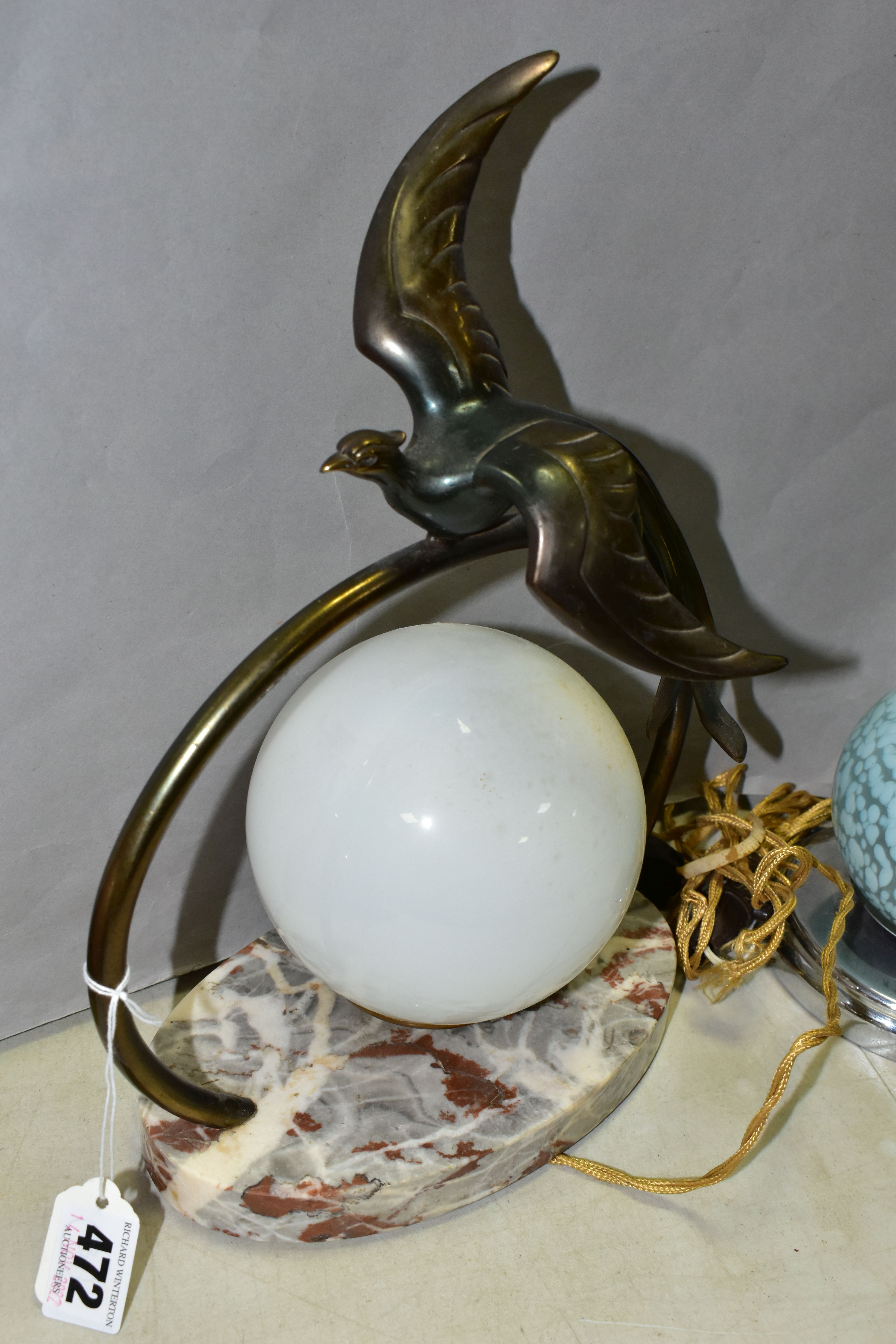 TWO FRENCH ART DECO TABLE LAMPS, one with a white glass spherical shade underneath a brass figure of - Image 3 of 5