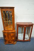 A YEW WOOD GLAZED TWO DOOR DISPLAY CABINET, width 82cm x depth 36cm x height 114cm, along with a yew