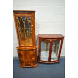 A YEW WOOD GLAZED TWO DOOR DISPLAY CABINET, width 82cm x depth 36cm x height 114cm, along with a yew