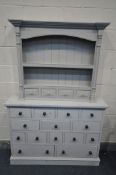A GREY PAINTED NARROW CHEST OF FOURTEEN DRAWERS, width 122cm x depth 28cm x 90cm, and a painted