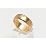 A 9CT GOLD WEDDING BAND, designed as a wide D shape cross section plain polished band, personal