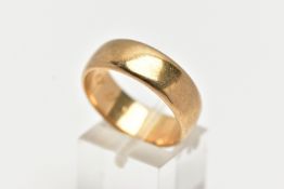 A 9CT GOLD WEDDING BAND, designed as a wide D shape cross section plain polished band, personal