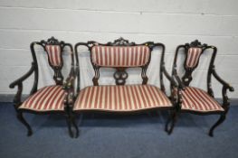 AN EARLY 20TH CENTURY MAHOGANY PARLOUR SUITE, with carved cresting rails, splat back and open