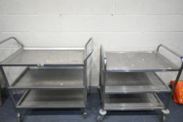 TWO SIZED THREE TIER ALUMINIUM TROLLEYS, largest length 109cm x depth 52cm x height 103cm (condition