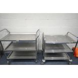 TWO SIZED THREE TIER ALUMINIUM TROLLEYS, largest length 109cm x depth 52cm x height 103cm (condition