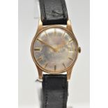 A 9CT GOLD WRISTWATCH, manual wind, round dial, baton markers, date at the three o'clock position,