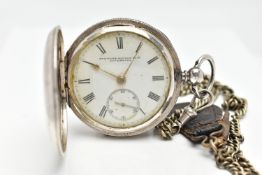 A SILVER FULL HUNTER POCKET WATCH, key wound movement, white dial, signed 'Stewart Dawson & Co