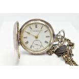 A SILVER FULL HUNTER POCKET WATCH, key wound movement, white dial, signed 'Stewart Dawson & Co