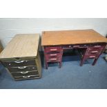 A PARTIALLY PAINTED DESK, with an oak veneer finish, length 138cm x depth 69cm x height 77cm,