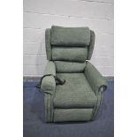 A MIDDLETON GREEN UPHOLSTERED RISE AND RECLINE ARMCHAIR (PAT pass and working)