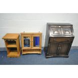 AN OAK BUREAU, with a single drawers, width 71cm x depth 44cm x height 101cm, a pine hanging