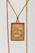 A YELLOW METAL CAPRICORN STAR SIGN PENDANT NECKLACE, the pendant of a rectangular form depicting the