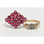 TWO GEM SET RINGS, the first a large marquise shape ring set with sixteen oval cut garnets, each