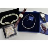 A SELECTION OF WATCHES AND COSTUME JEWELLERY, to include a cased Swaroski crystal necklace and ear