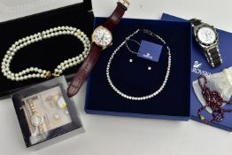 A SELECTION OF WATCHES AND COSTUME JEWELLERY, to include a cased Swaroski crystal necklace and ear